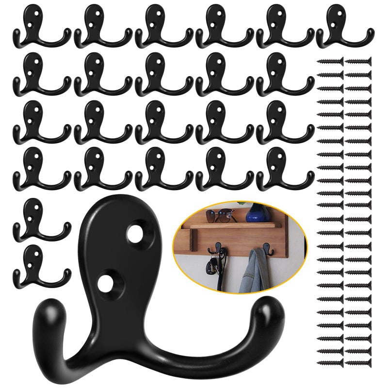 Homanu 24 Pack Coat Hooks, Heavy Duty Double Prong Coat Hooks Wall Mounted with 48 Screws, No Rust Black Coat Hooks for Hanging Towel, Coat, Bag, Hat, Cup, Key - Image 1